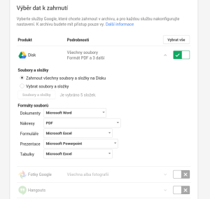 Google Takeout - volba formátu exportovaných souborů